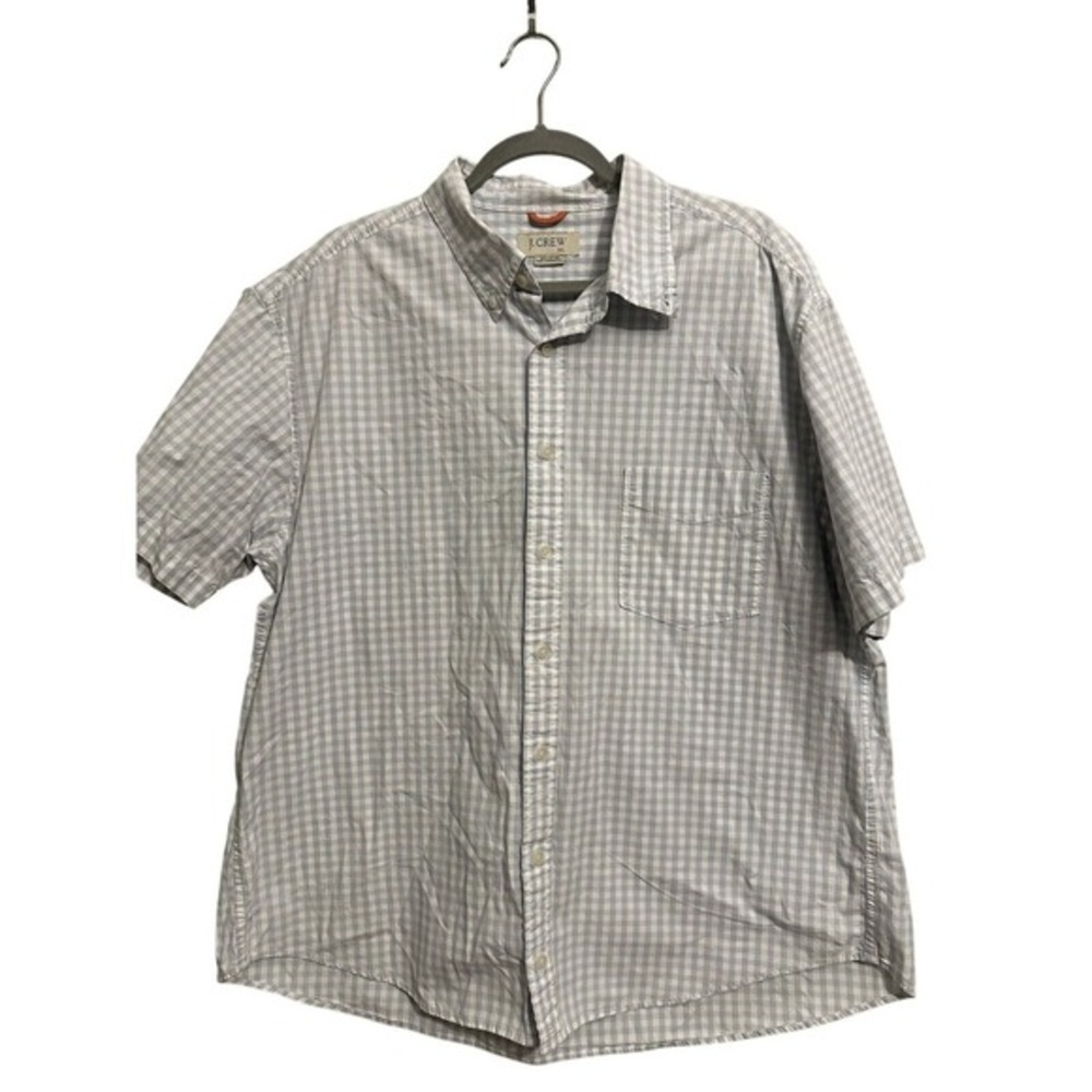 J.Crew Button Down Shirt Mens XXL Grey Gingham Check‎ Short Sleeve Cotton Pocket